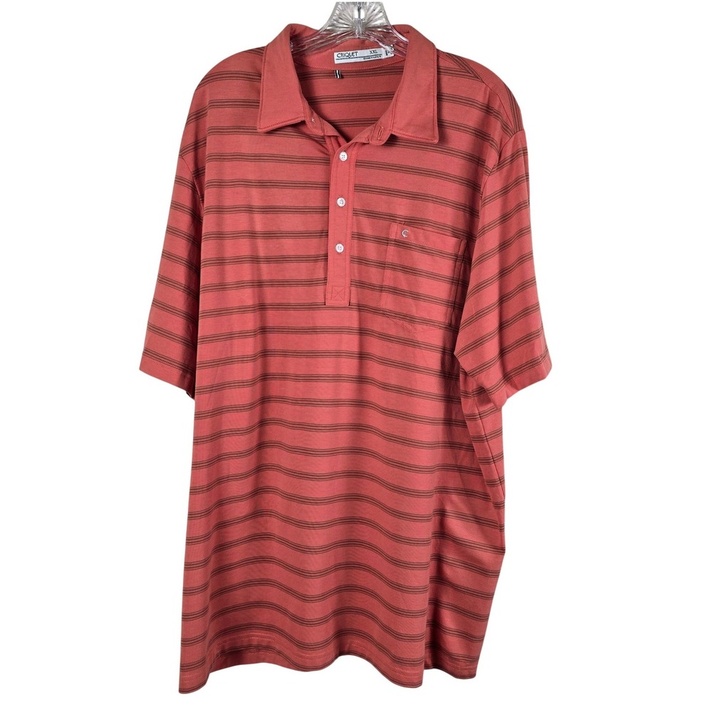 Criquet Men's Players Polo Shirt - Salmon Pink Stripe‎ - XXL